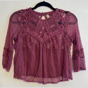 Free People Lace Half-Sleeve Cropped Blouse